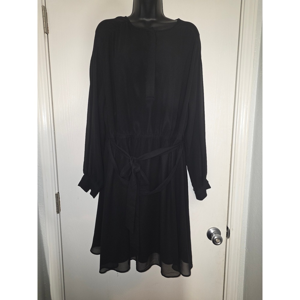 HM Womens XL Black Chiffon Long Sleeve Belted Midi Dress Elastic Waist Goth Punk